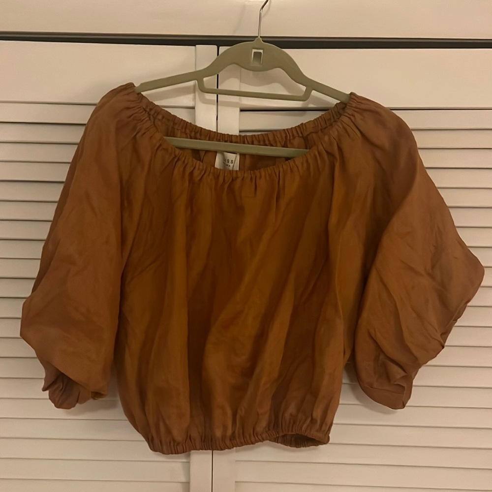 Dissh Rust Linen Off the Shoulder Crop Top